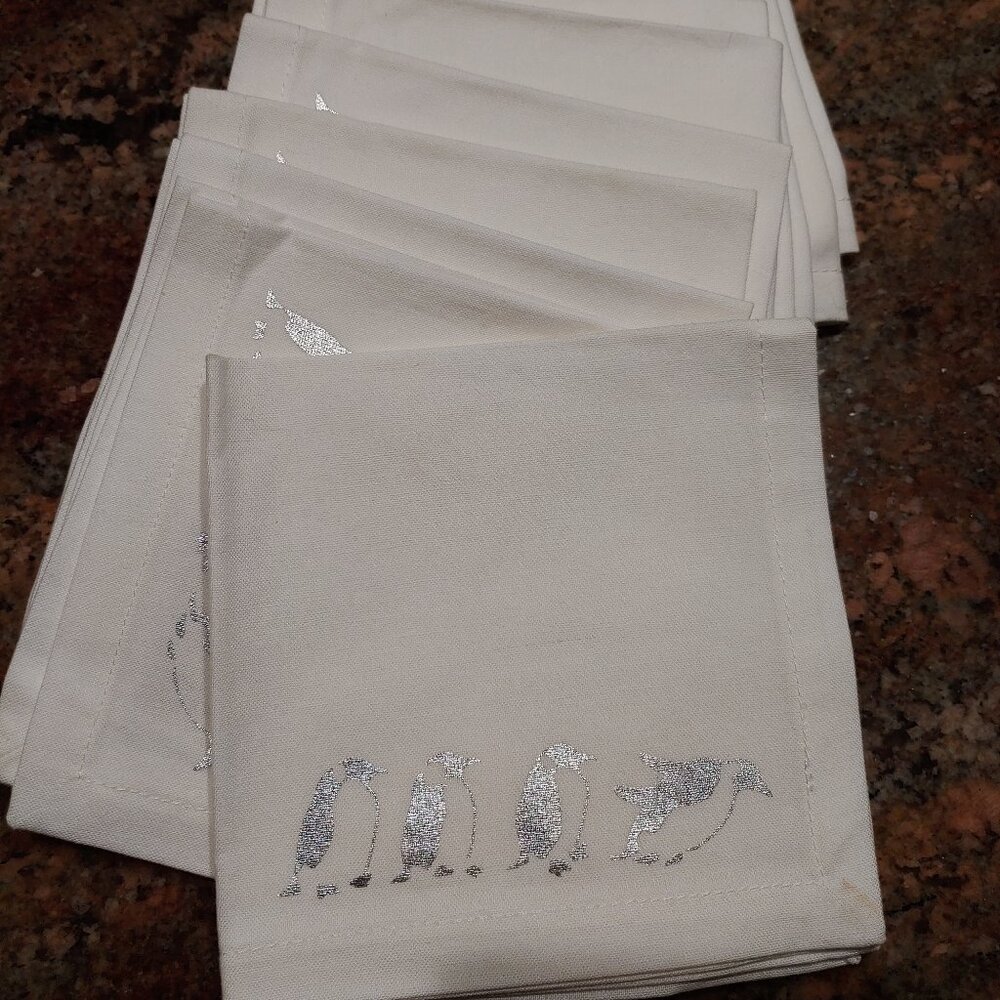 11 Pottery Barn Silver Metallic Cotton Penguin Cocktail Napkins 10"